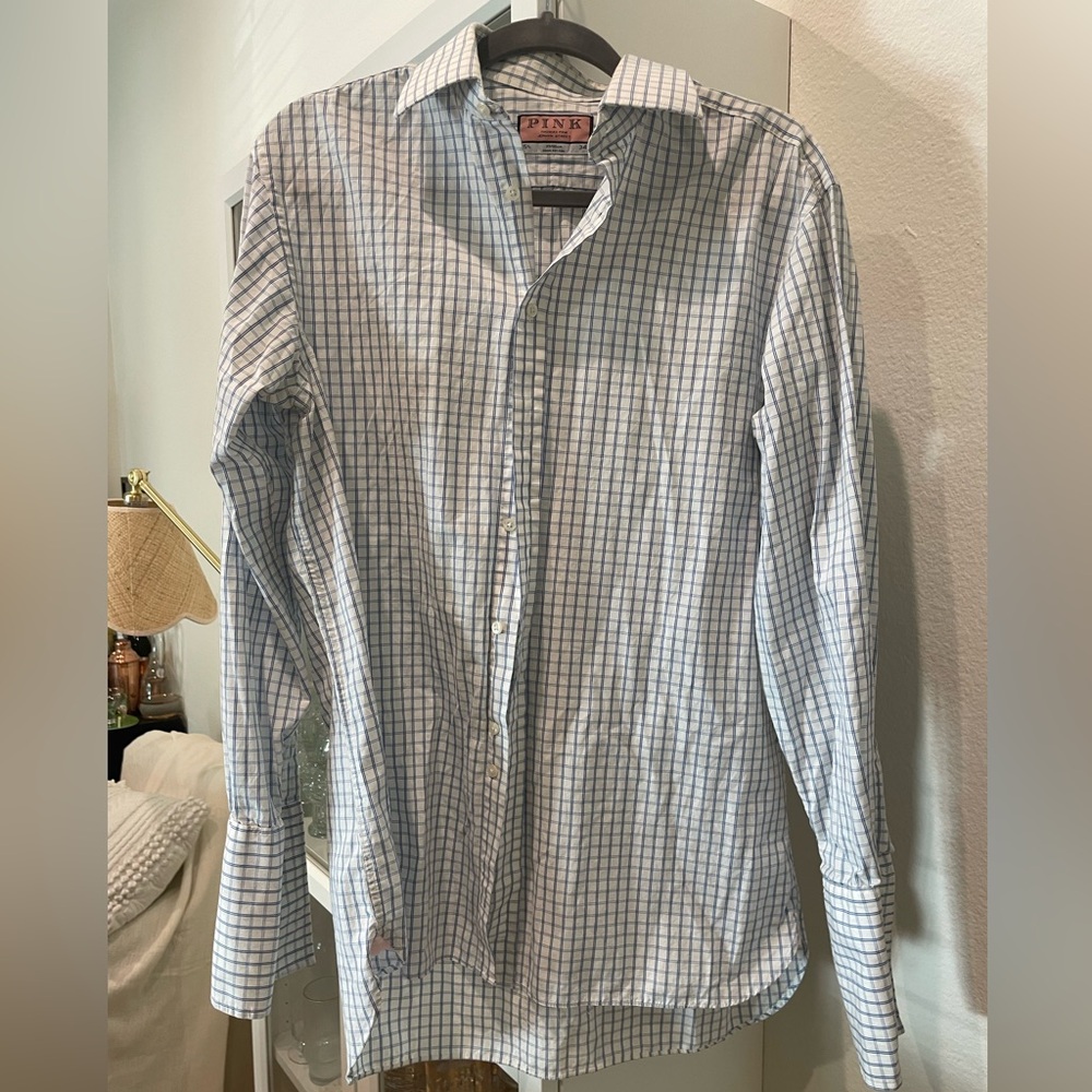 Thomas Pink Jermyn Street 100% Cotton Plaid Button Up Blue and White 15.5 inch